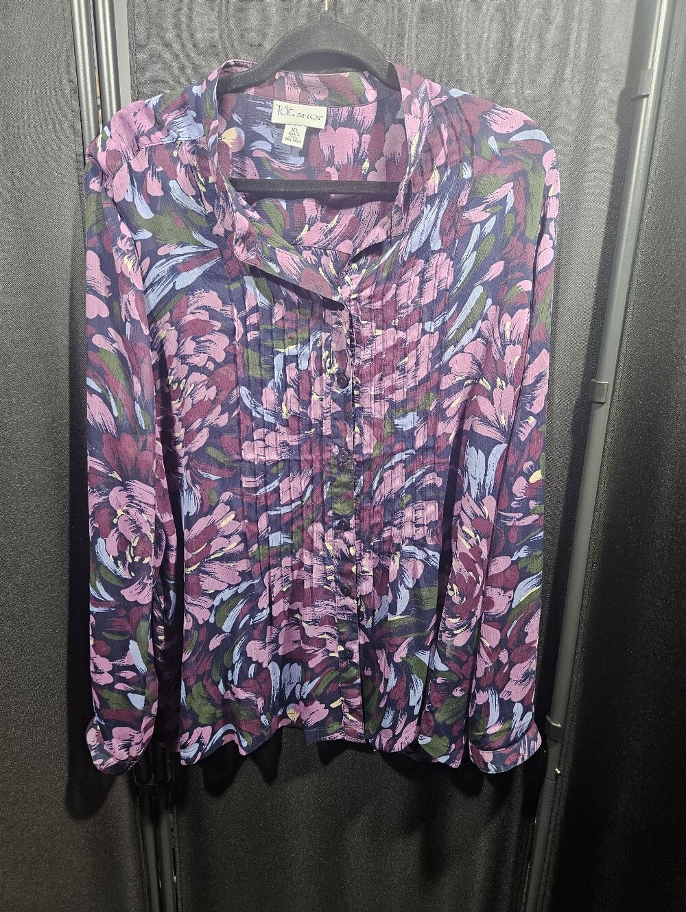 Vintage The Tog Shop Floral Pintuck Sheer Button-up Blouse - Purple Pink